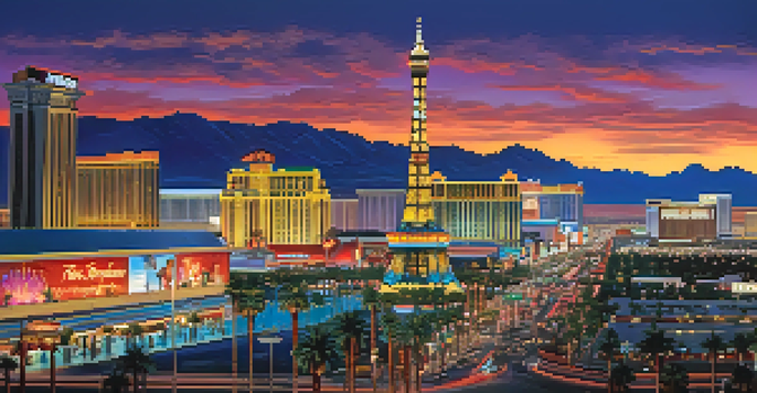 A vibrant view of the Las Vegas Strip illuminated by neon lights at dusk, with people walking and palm trees in the foreground.
