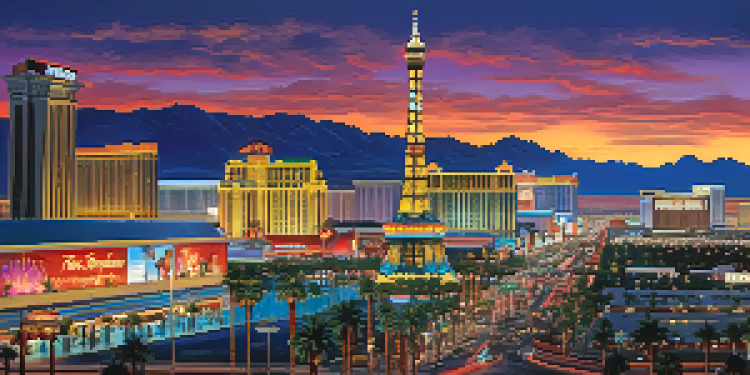 A vibrant view of the Las Vegas Strip illuminated by neon lights at dusk, with people walking and palm trees in the foreground.