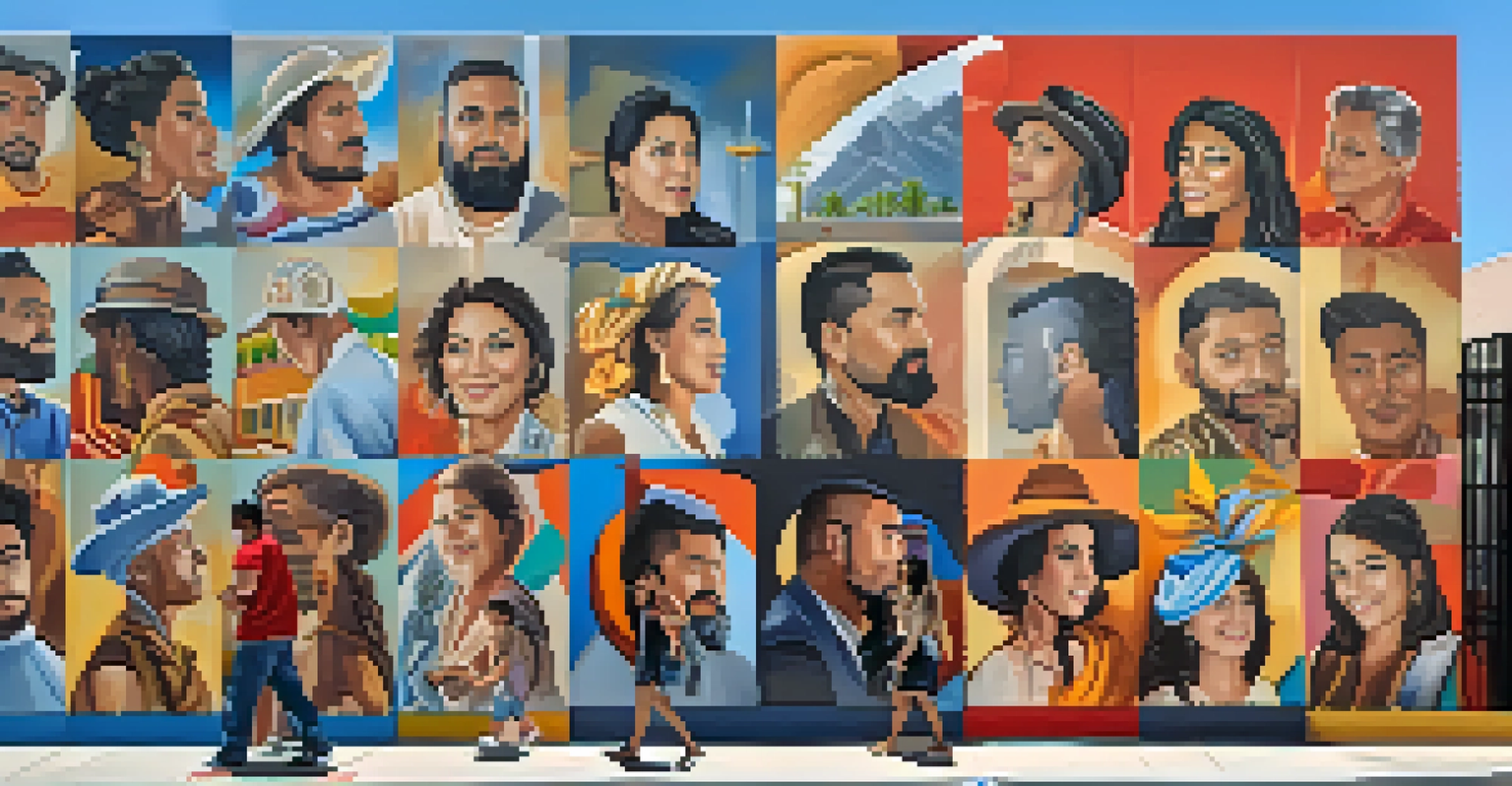 A colorful mural in Las Vegas depicting themes of immigration and cultural pride, with people admiring the artwork.