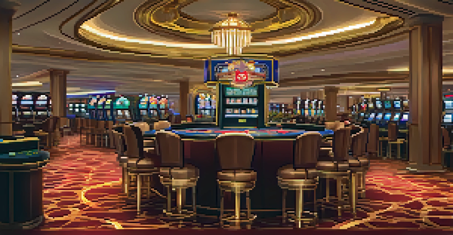 The luxurious interior of a modern casino filled with slot machines and poker tables, showcasing players in action.