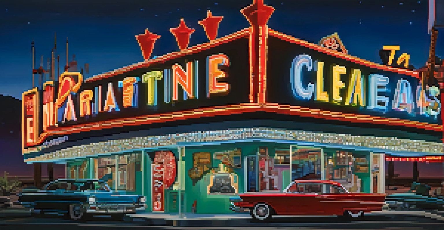 A nighttime view of the Neon Museum in Las Vegas, showcasing vintage neon signs illuminated with colorful lights.