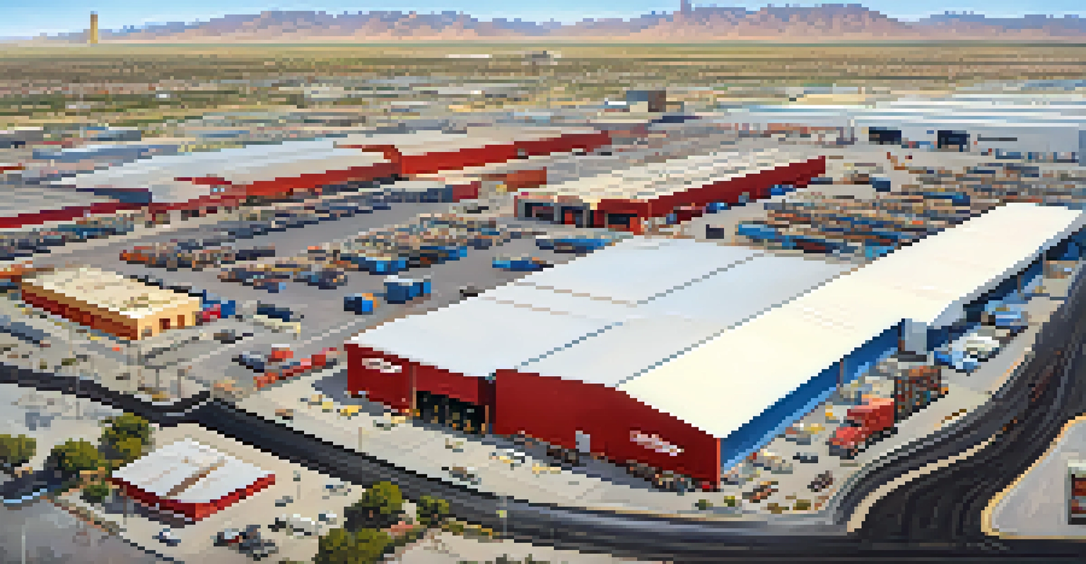 Aerial view of a logistics hub in Las Vegas with trucks and highways, set against the city skyline.