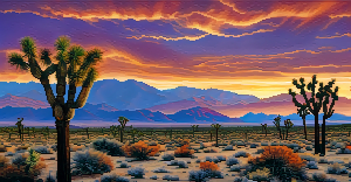 A panoramic sunset view of Nevada's desert, highlighting Joshua trees and distant mountains with a colorful sky.