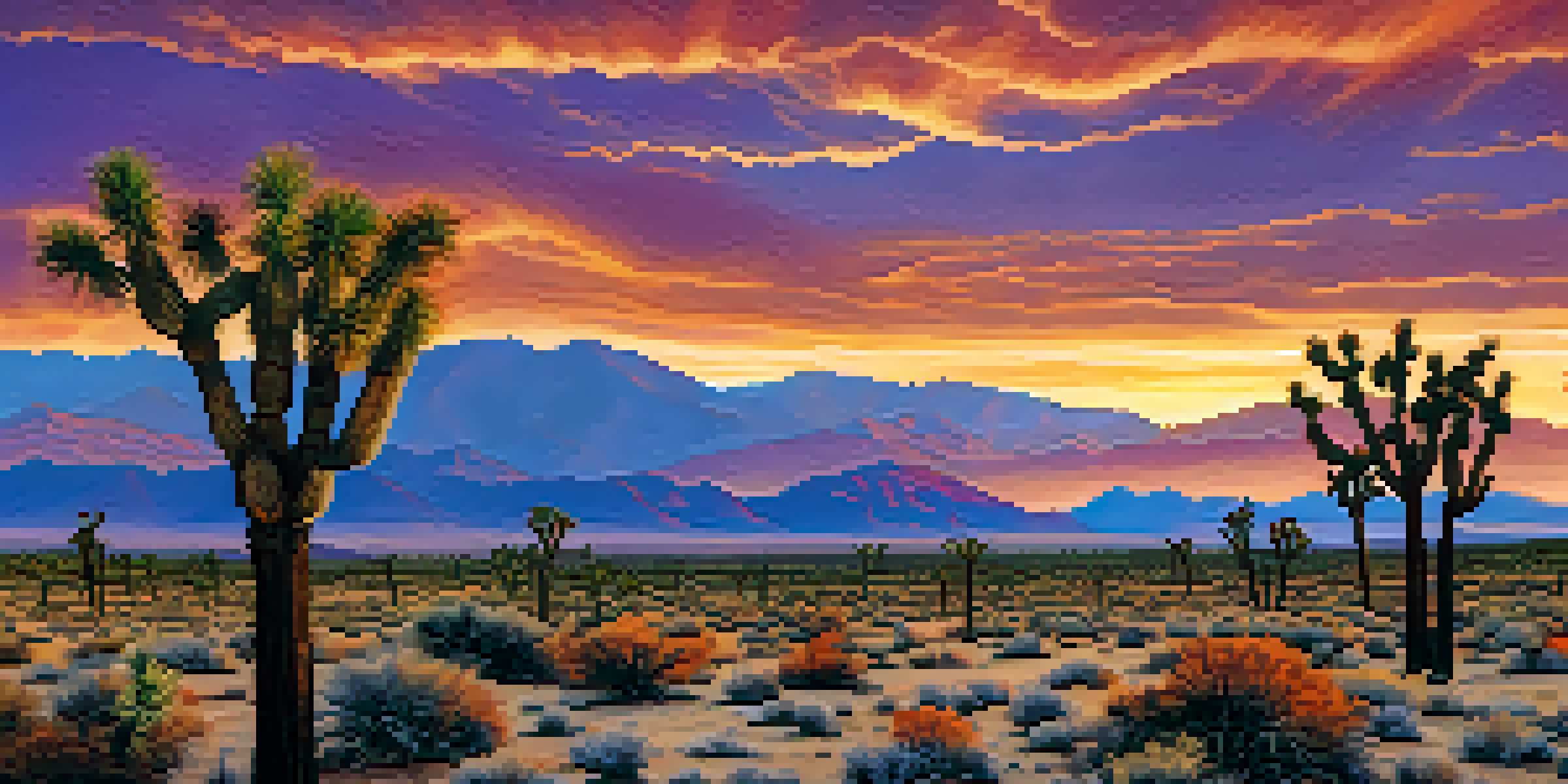 A panoramic sunset view of Nevada's desert, highlighting Joshua trees and distant mountains with a colorful sky.