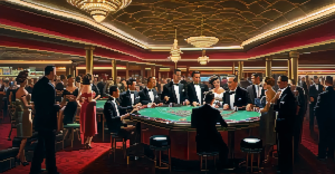 A vintage casino interior from the 1950s, filled with elegantly dressed patrons and a roulette table, highlighted by warm lighting.
