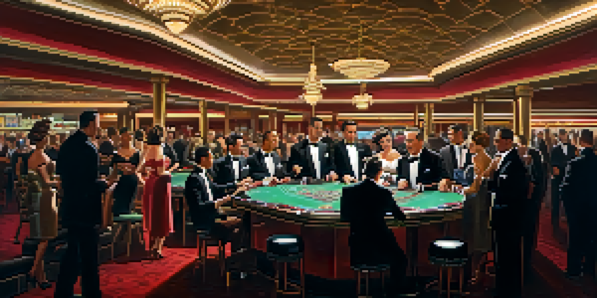 A vintage casino interior from the 1950s, filled with elegantly dressed patrons and a roulette table, highlighted by warm lighting.