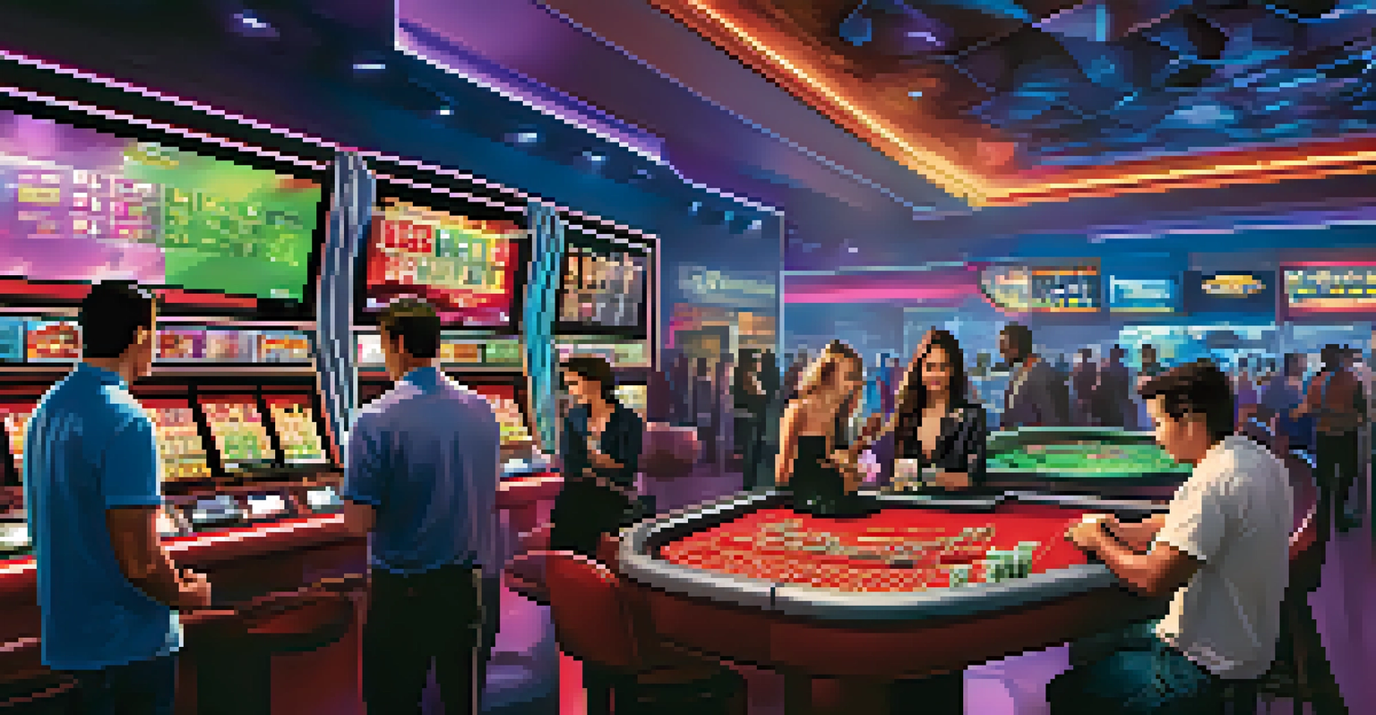 A futuristic casino gaming setup with patrons using mobile apps and cashless payments, featuring holographic displays.