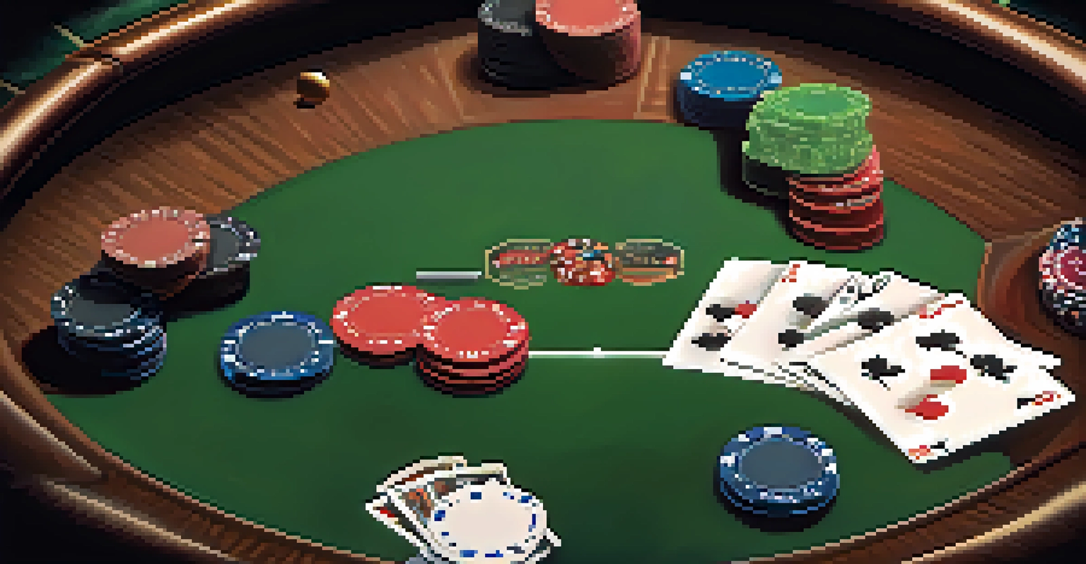 Close-up of a poker table with colorful chips and cards, capturing players in an engaging game.