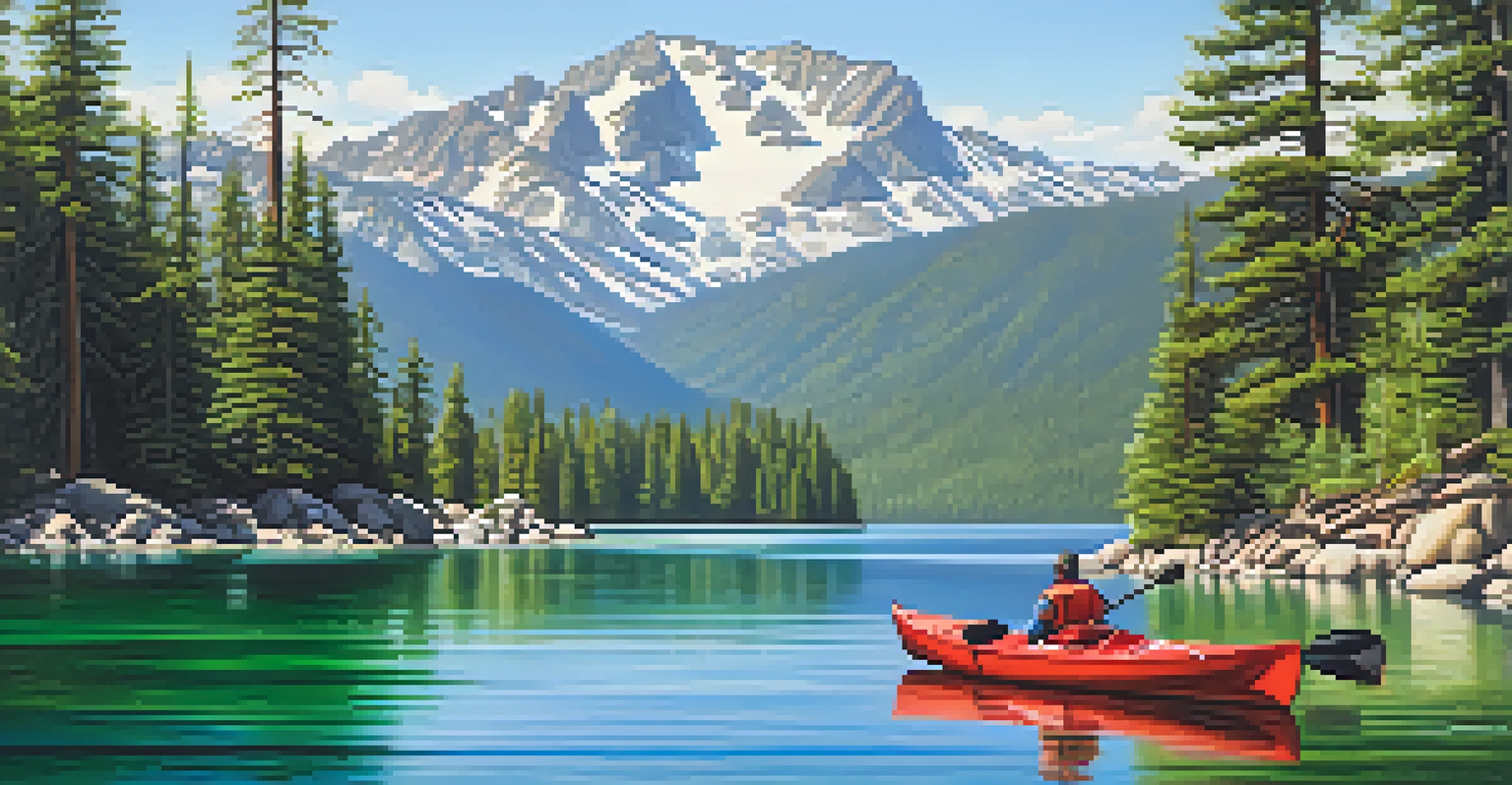 A picturesque summer scene of Lake Tahoe, featuring clear blue waters, green forests, and mountains, with tourists engaging in outdoor activities.