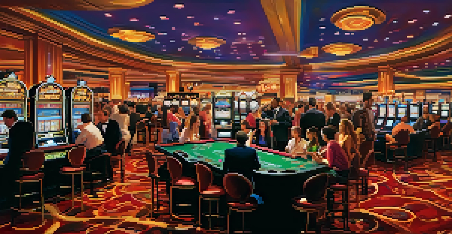 A lively casino scene in Reno with people playing games like slots and poker, surrounded by vibrant decor and bright lights.