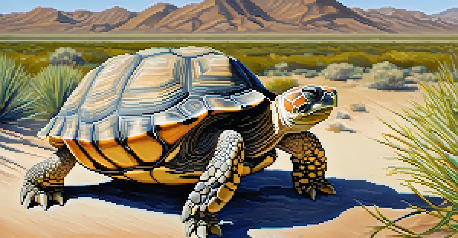 A close-up of a desert tortoise in a wildlife corridor with native plants in the background.