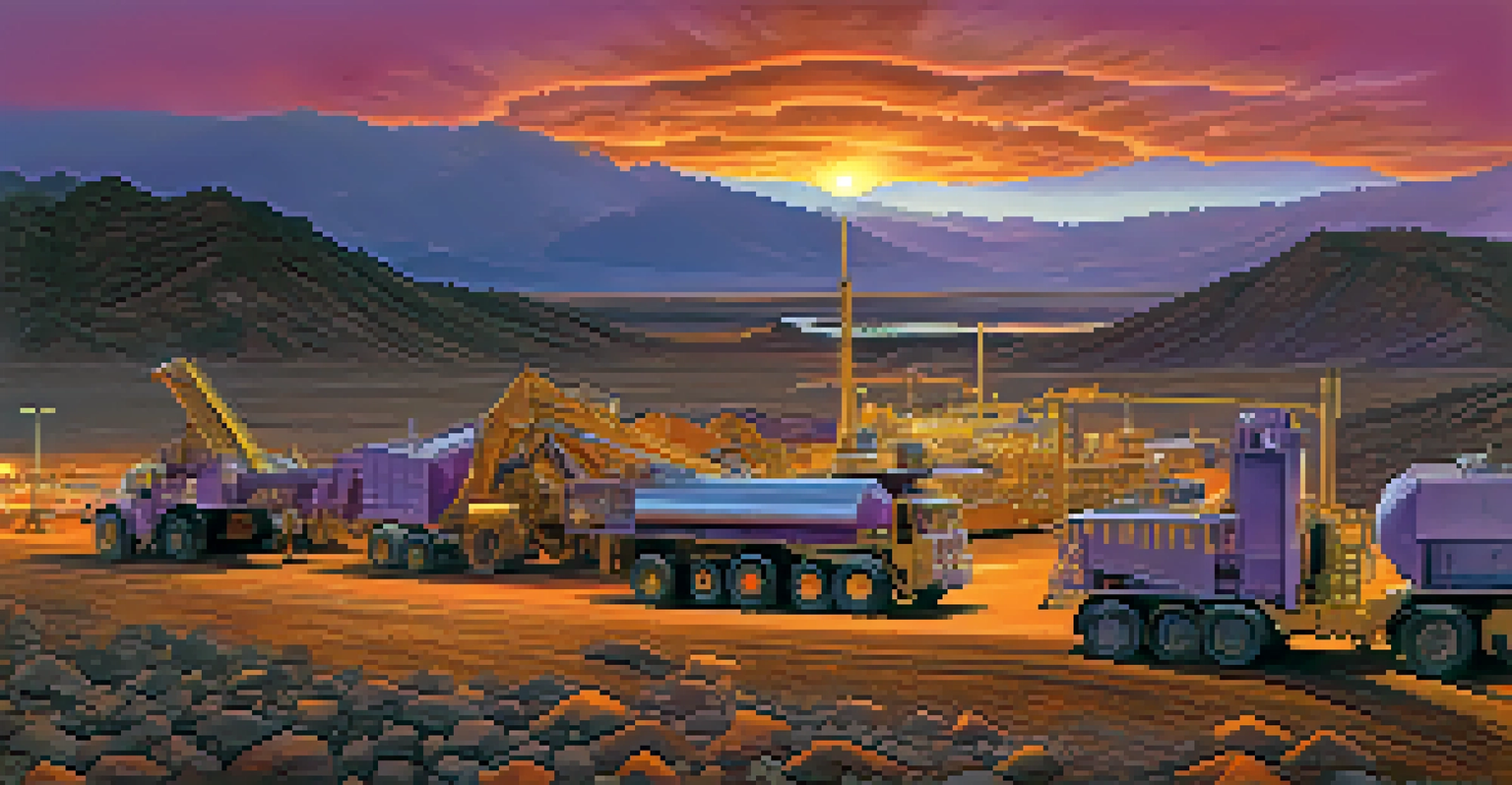 A sunset view over Nevada's mining landscape featuring mountains and machinery, with vibrant sky colors and dust trails from vehicles.
