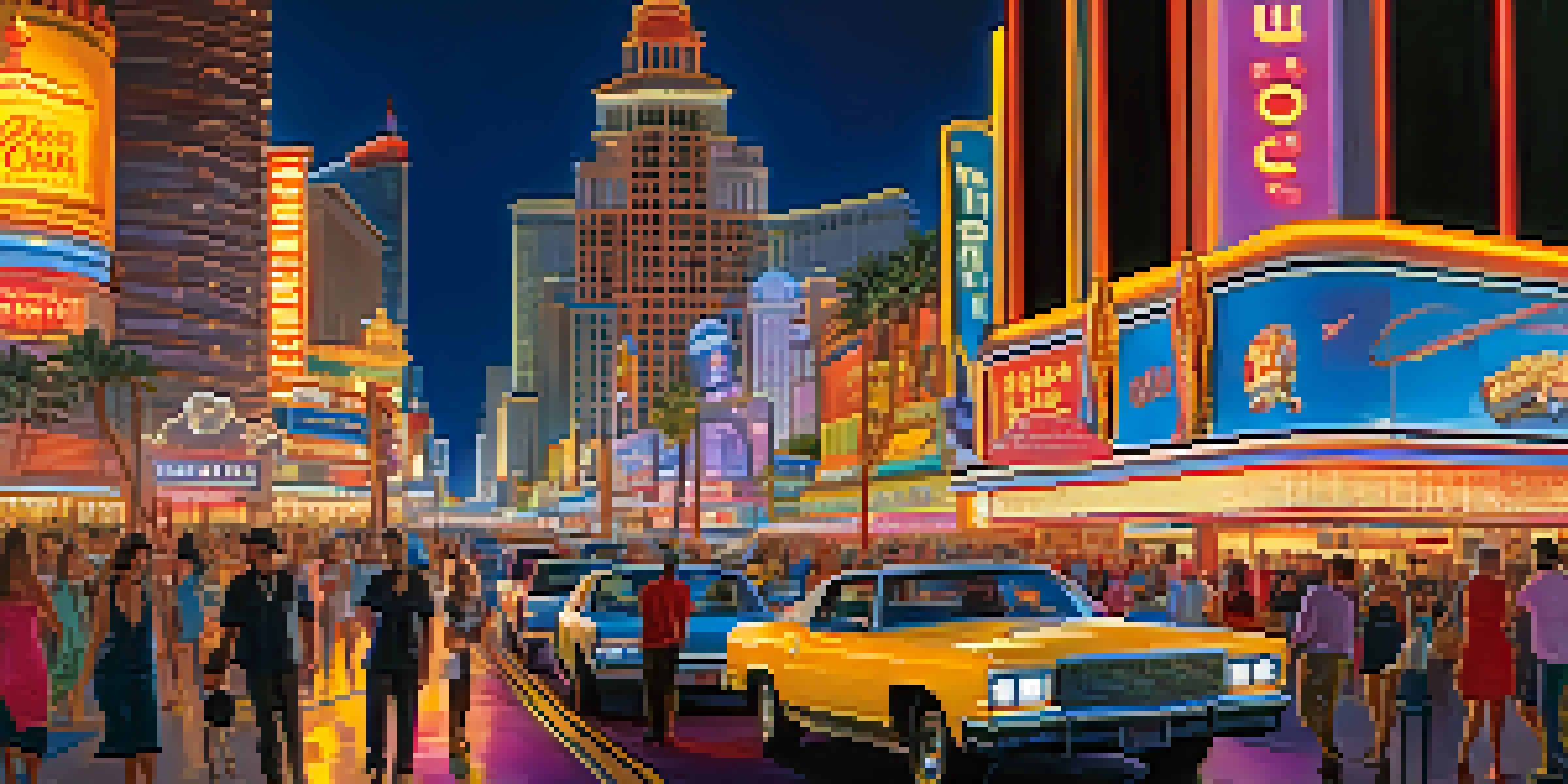 A vibrant night scene of the Las Vegas Strip, showcasing colorful neon lights, busy tourists, and illuminated hotels.