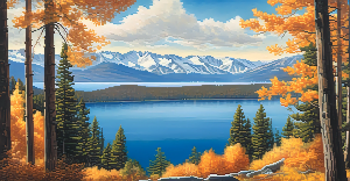 A stunning autumn landscape of Lake Tahoe with colorful trees, a deep blue lake, and distant snow-capped mountains under a clear sky.