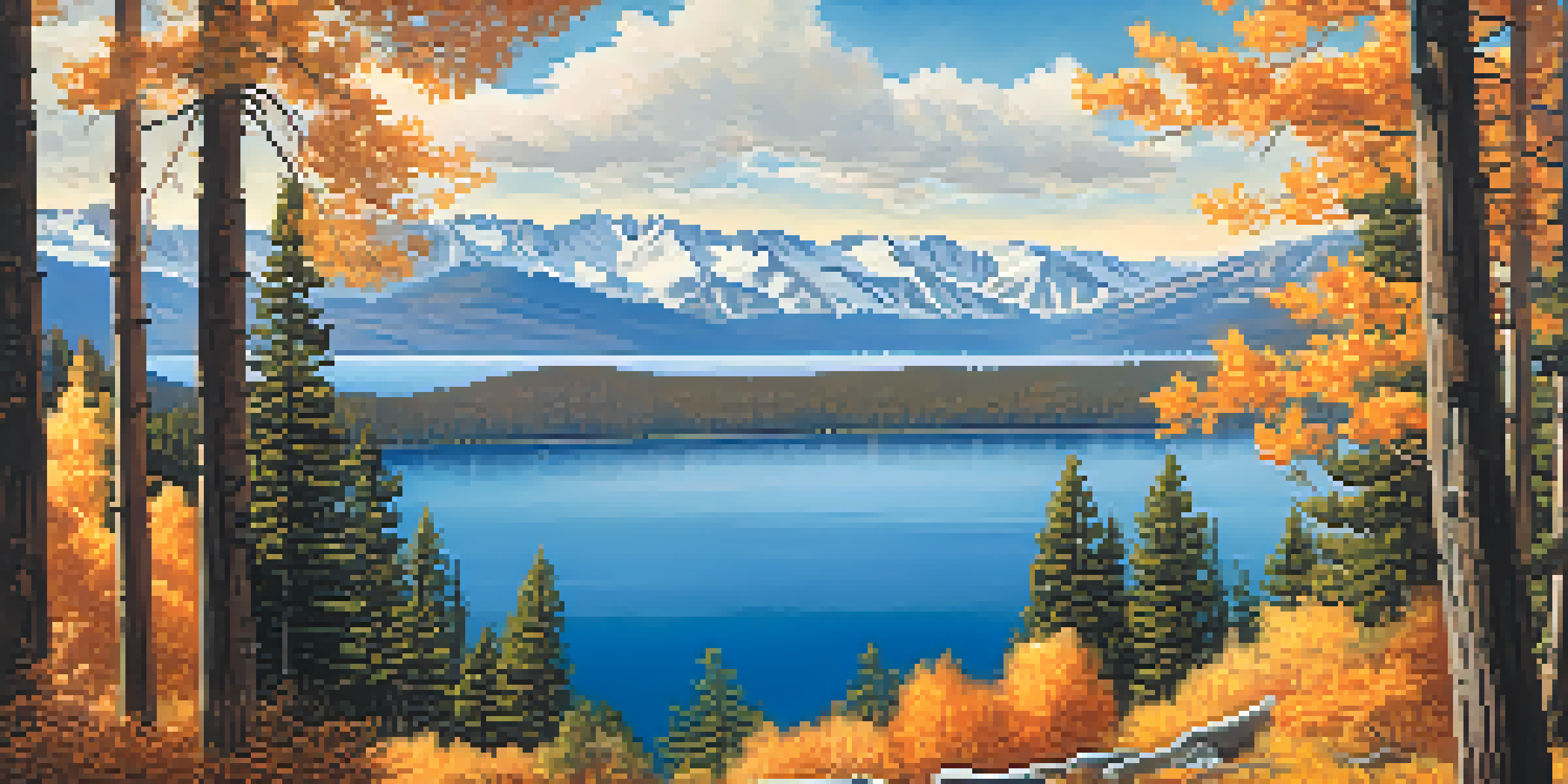 A stunning autumn landscape of Lake Tahoe with colorful trees, a deep blue lake, and distant snow-capped mountains under a clear sky.