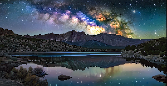 A clear night sky filled with the Milky Way over rugged mountains and a tranquil lake in Great Basin National Park.