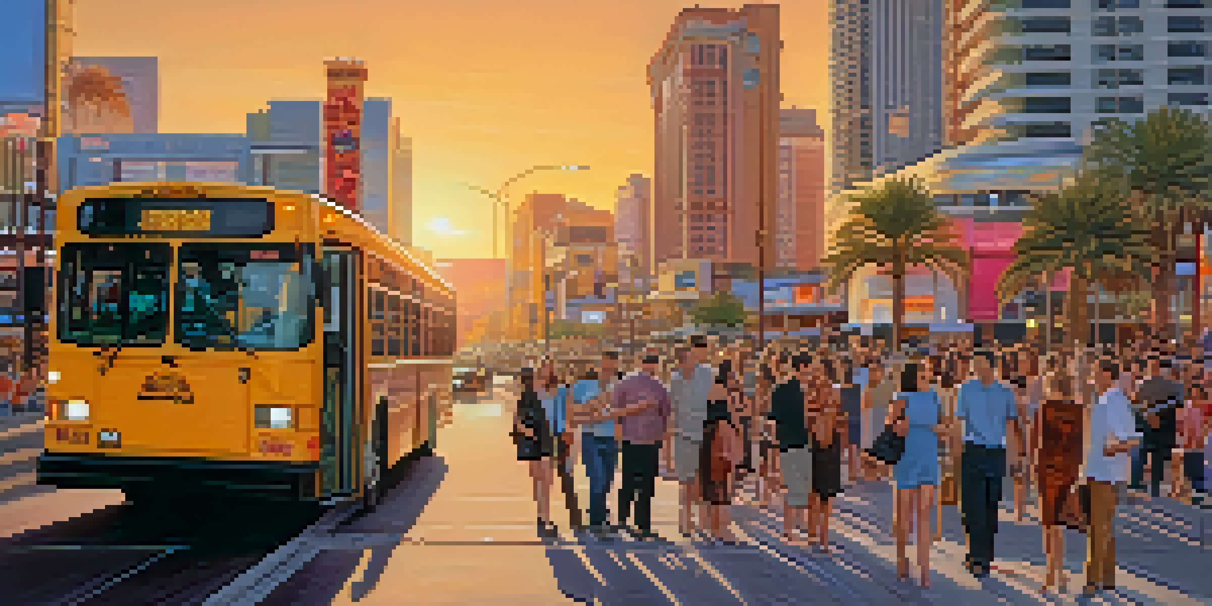 A busy bus stop in Las Vegas during sunset, with people boarding a modern bus and city skyscrapers in the background.
