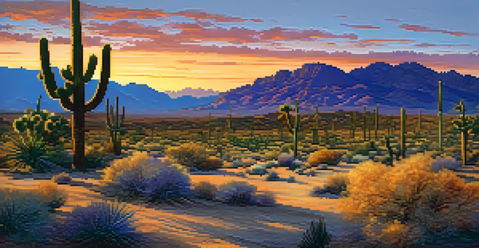 A panoramic view of the Mojave Desert at sunset with Joshua trees silhouetted against a colorful sky.