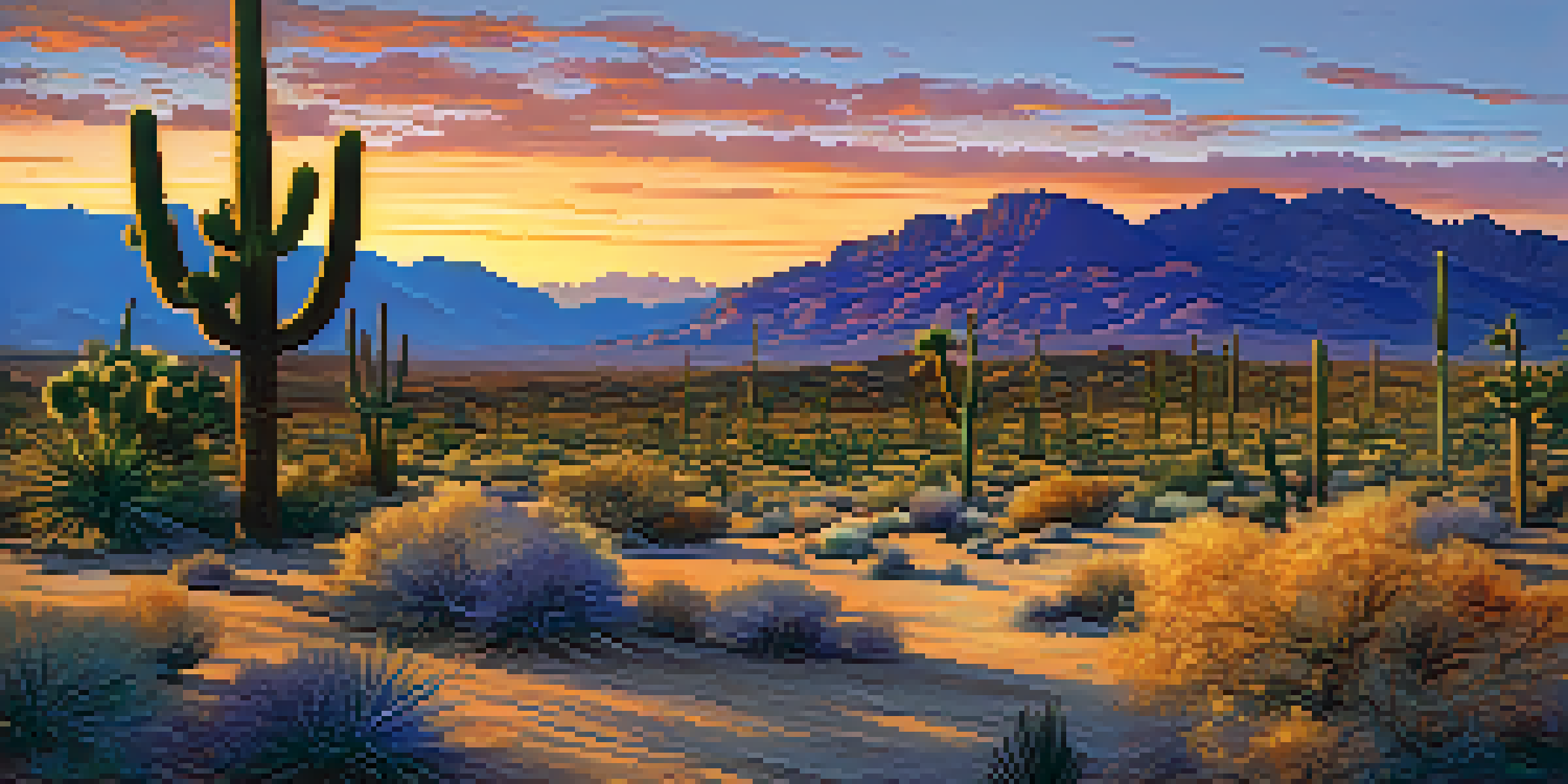 A panoramic view of the Mojave Desert at sunset with Joshua trees silhouetted against a colorful sky.