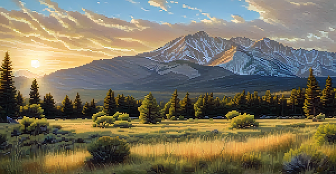 A scenic view of Great Basin National Park with Wheeler Peak in the background, featuring lush meadows and ancient trees at sunset.