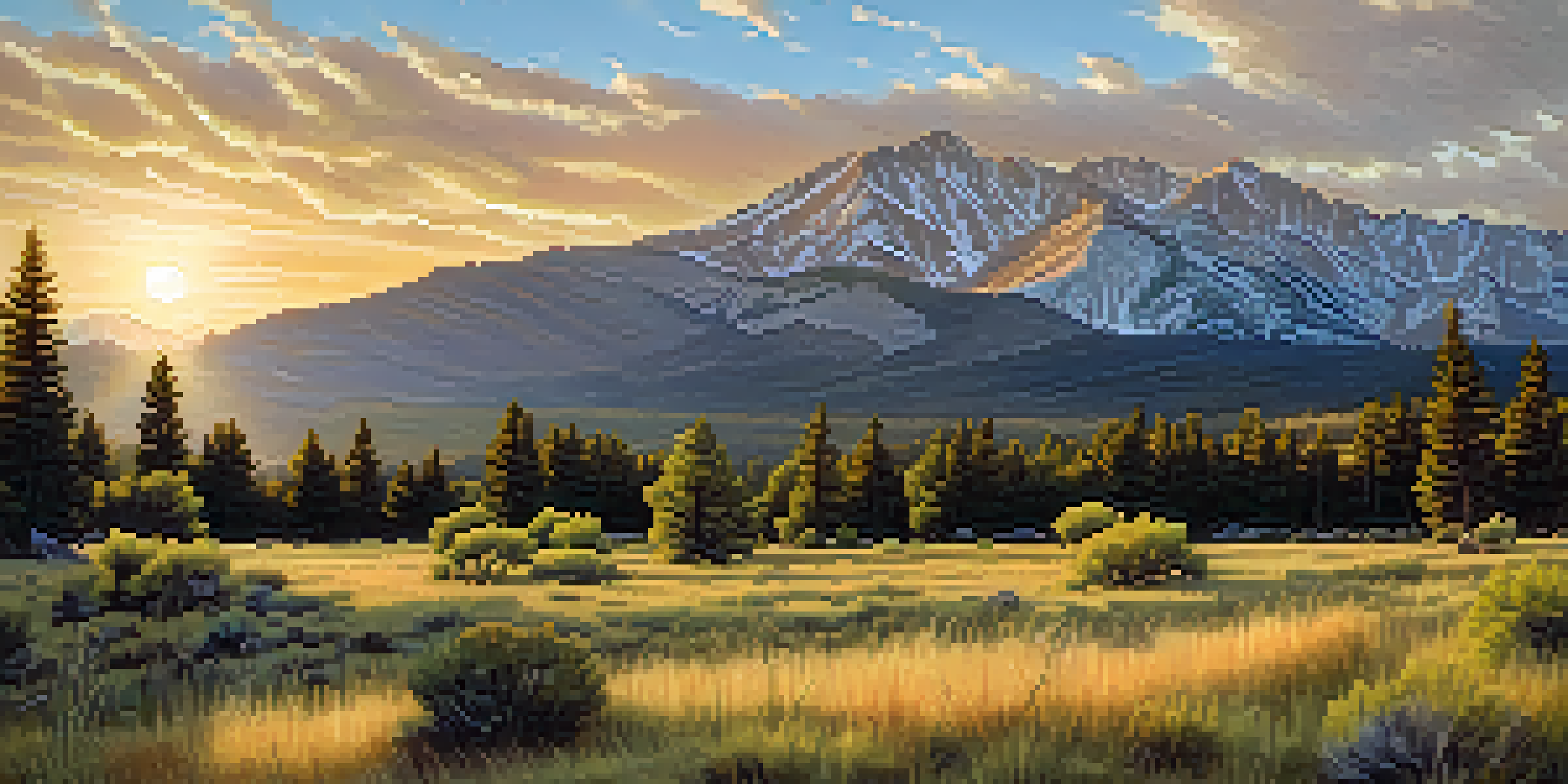 A scenic view of Great Basin National Park with Wheeler Peak in the background, featuring lush meadows and ancient trees at sunset.