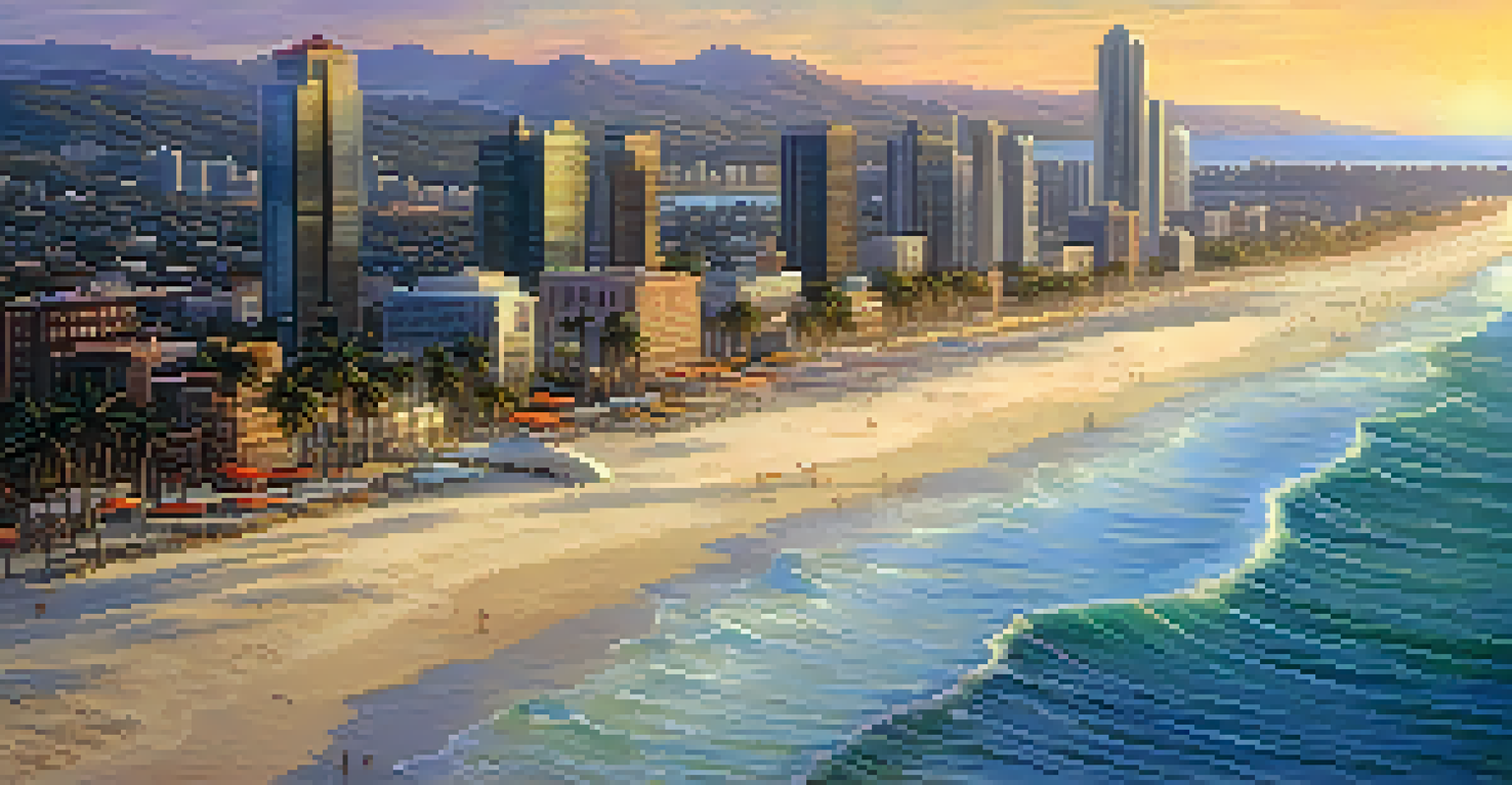 Aerial view of a coastal city at sunset with beautiful beaches.