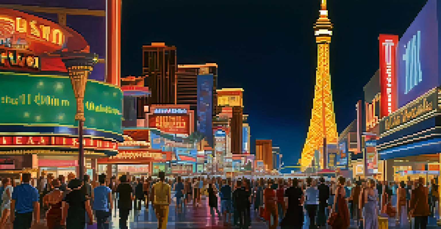 A vibrant night scene on the Las Vegas Strip, filled with neon lights, people, and street performers.