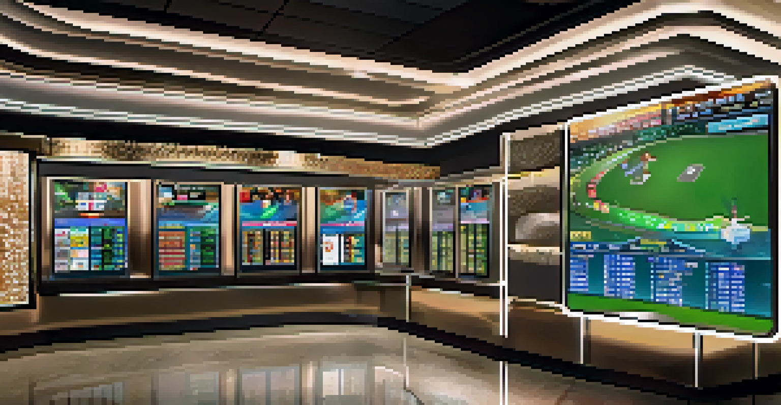 A close-up of a modern sports betting kiosk with digital screens and players placing bets.