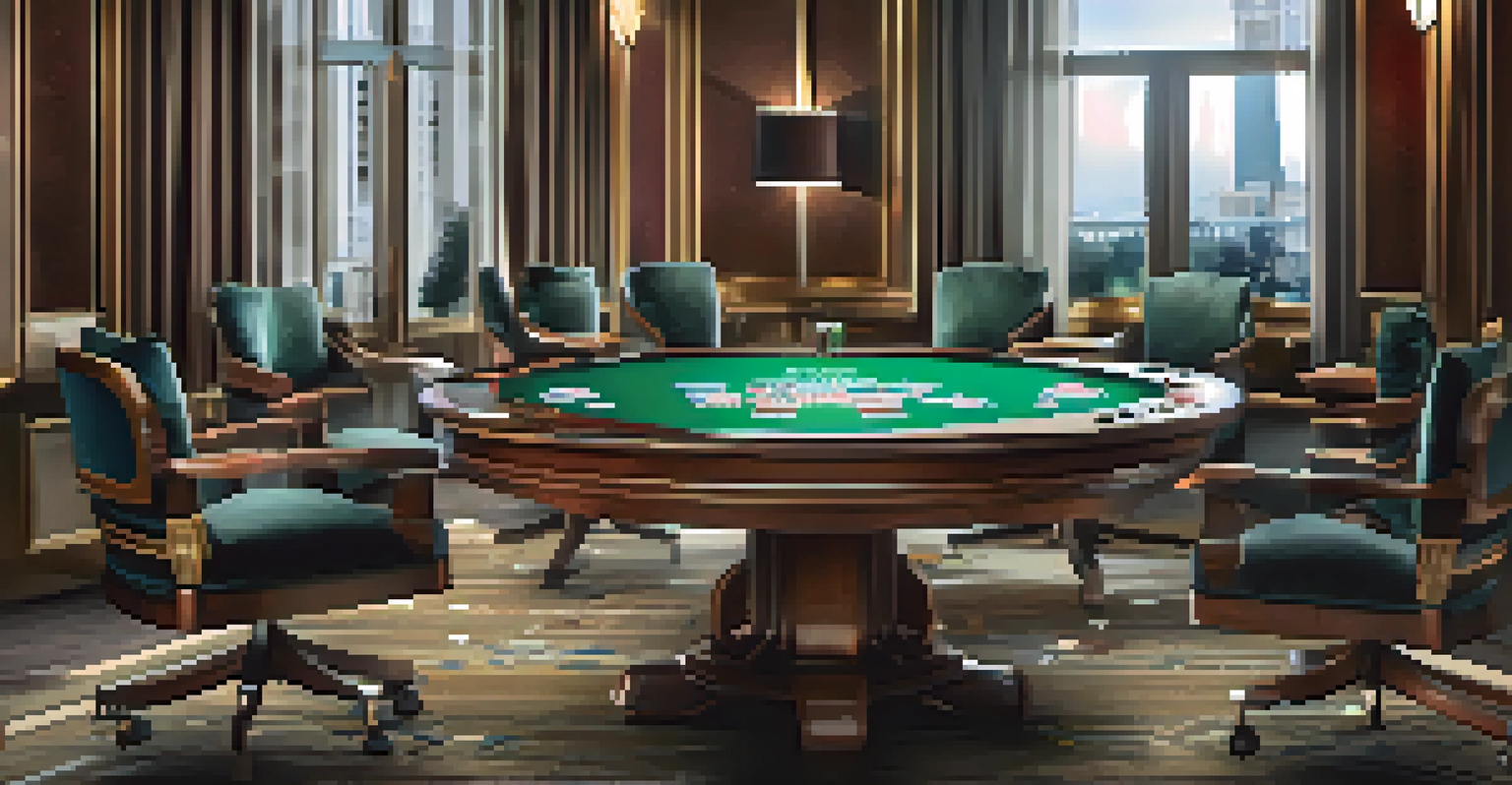 A luxurious poker table in a casino, featuring high-quality poker chips and cards, surrounded by plush chairs.