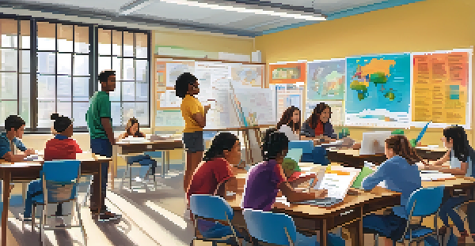 A diverse group of students working together in a bright classroom filled with educational materials.