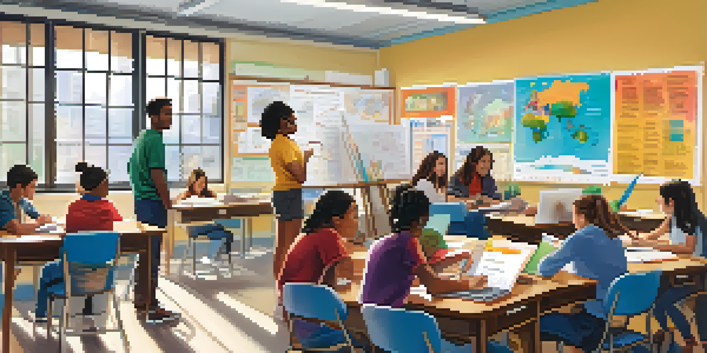 A diverse group of students working together in a bright classroom filled with educational materials.