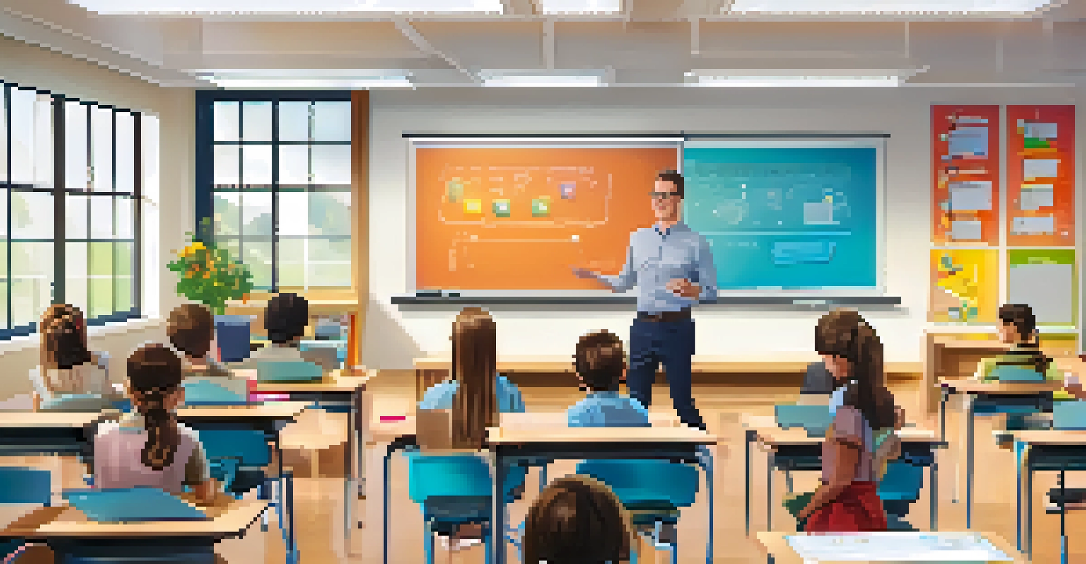 A modern classroom showcasing technology in education with a teacher and engaged students.