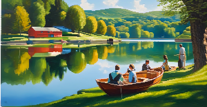 A peaceful town by a lake with green hills and a couple having a picnic.
