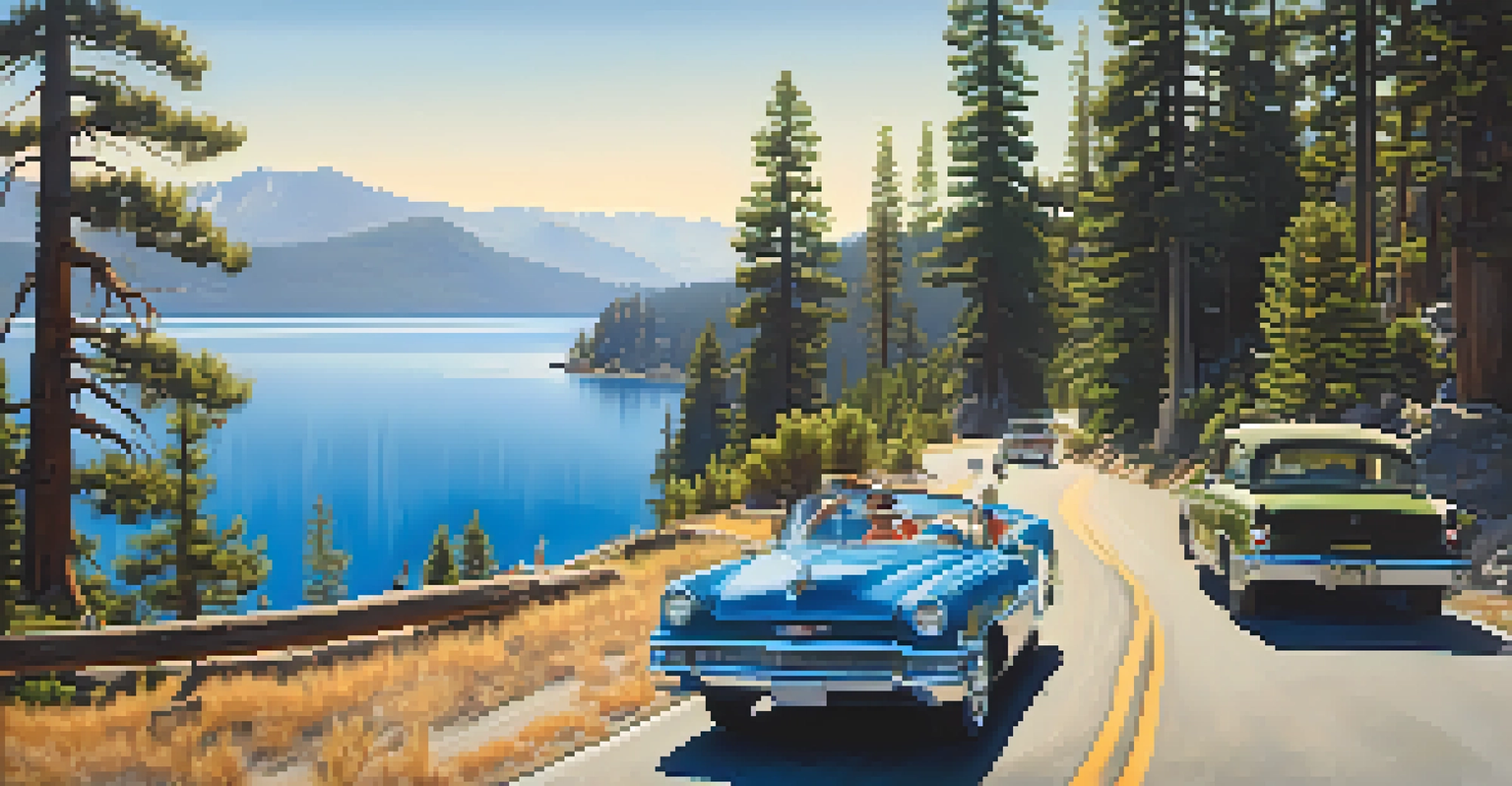 Visitors enjoying a scenic viewpoint along the drive around Lake Tahoe, with sparkling blue waters and majestic mountains in the background.