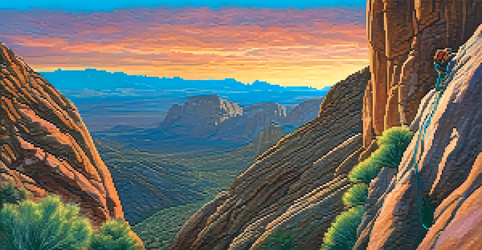 A climber scaling a sandstone cliff at sunset in Red Rock Canyon, Nevada, with vibrant orange and pink hues in the sky.