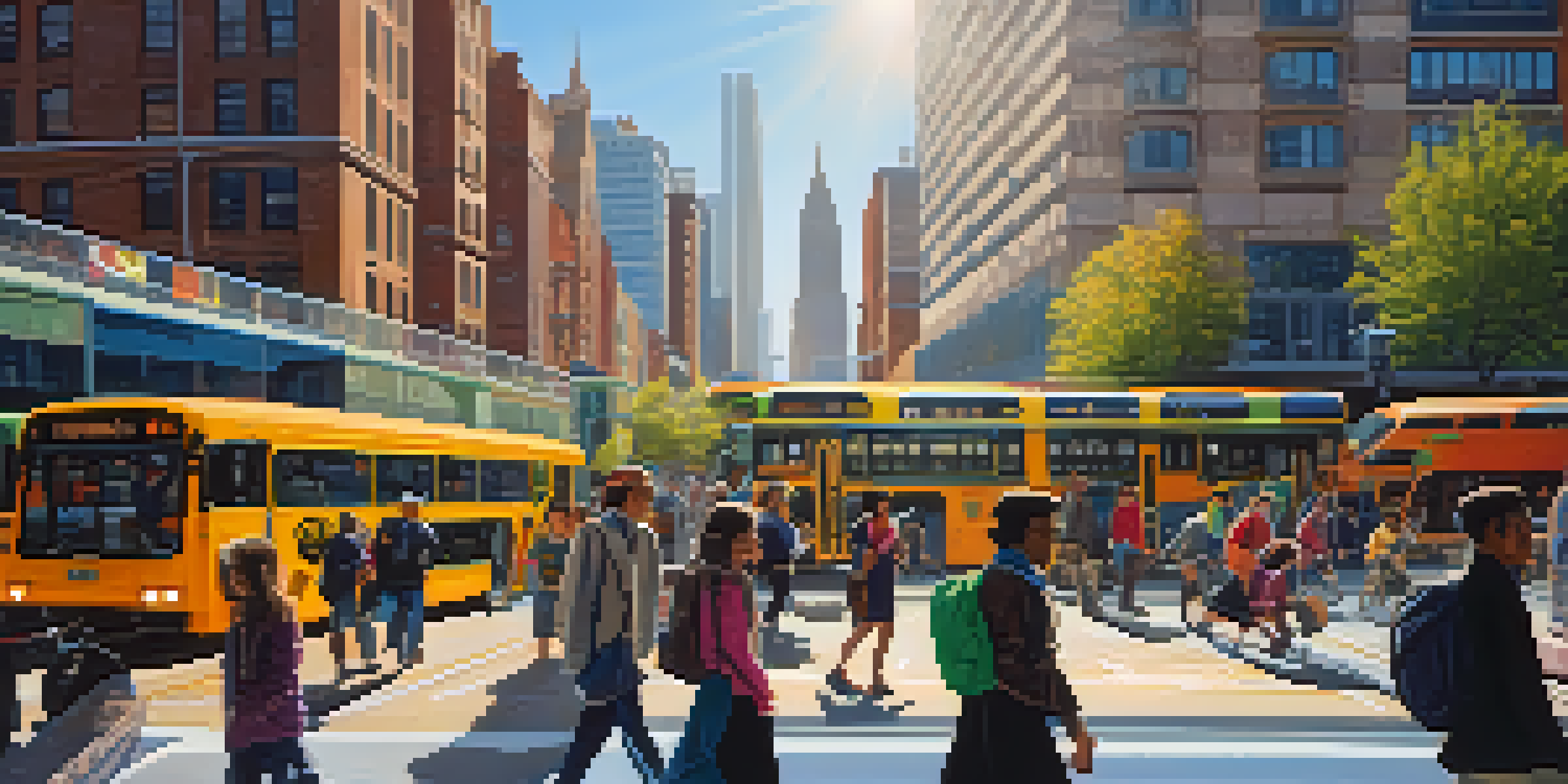 A busy urban transportation hub with buses, trains, and bicycles, featuring people moving between transport modes under bright sunlight.