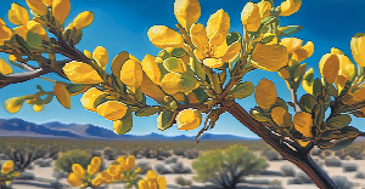 A close-up of a creosote bush in the Nevada desert with yellow flowers and textured leaves.