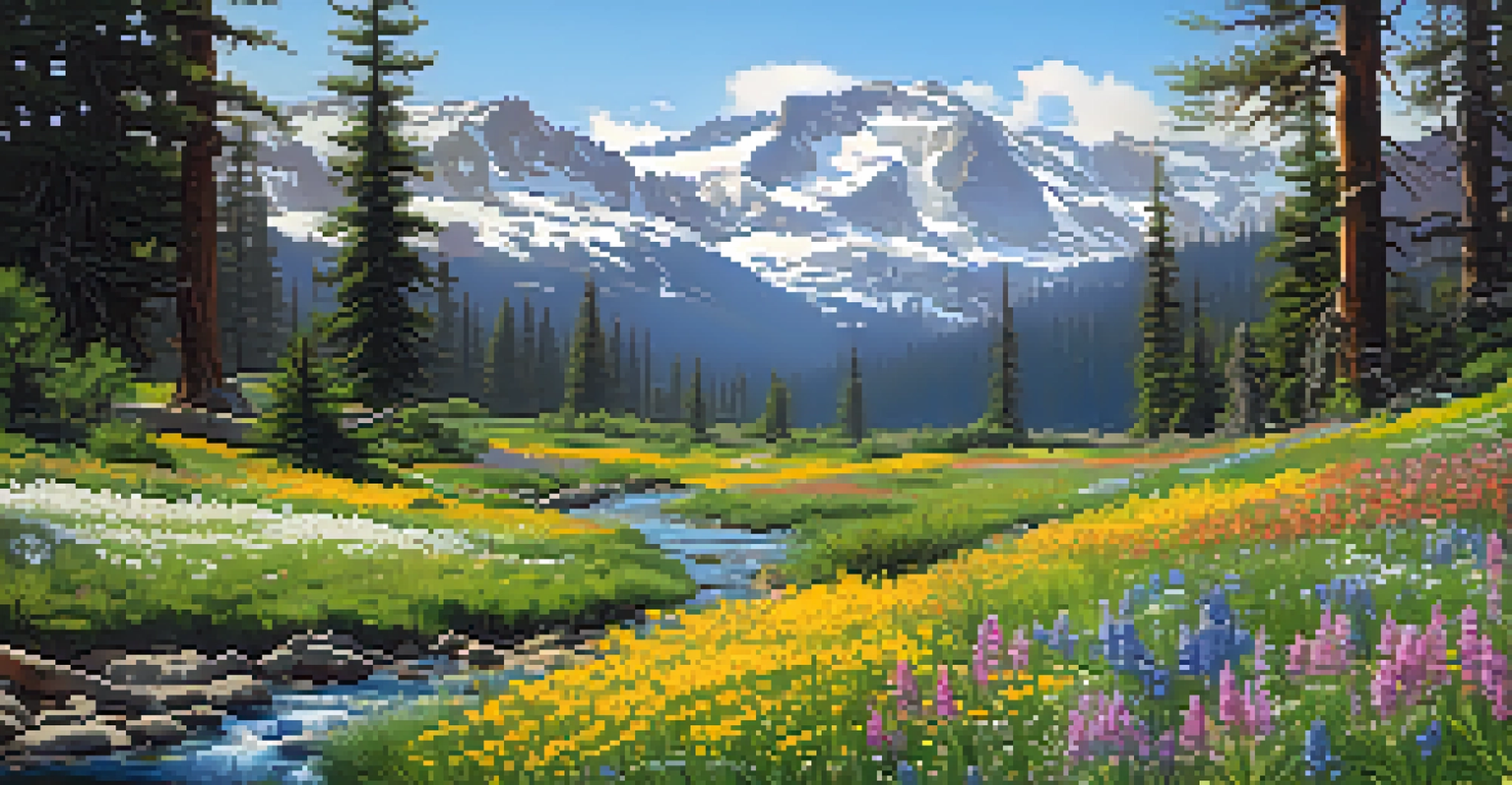 A vibrant spring meadow in the Sierra Nevada mountains with blooming wildflowers and distant snowy peaks.