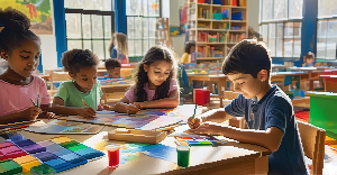 A diverse group of children in a bright classroom, engaged in a hands-on learning activity with building blocks and art supplies.
