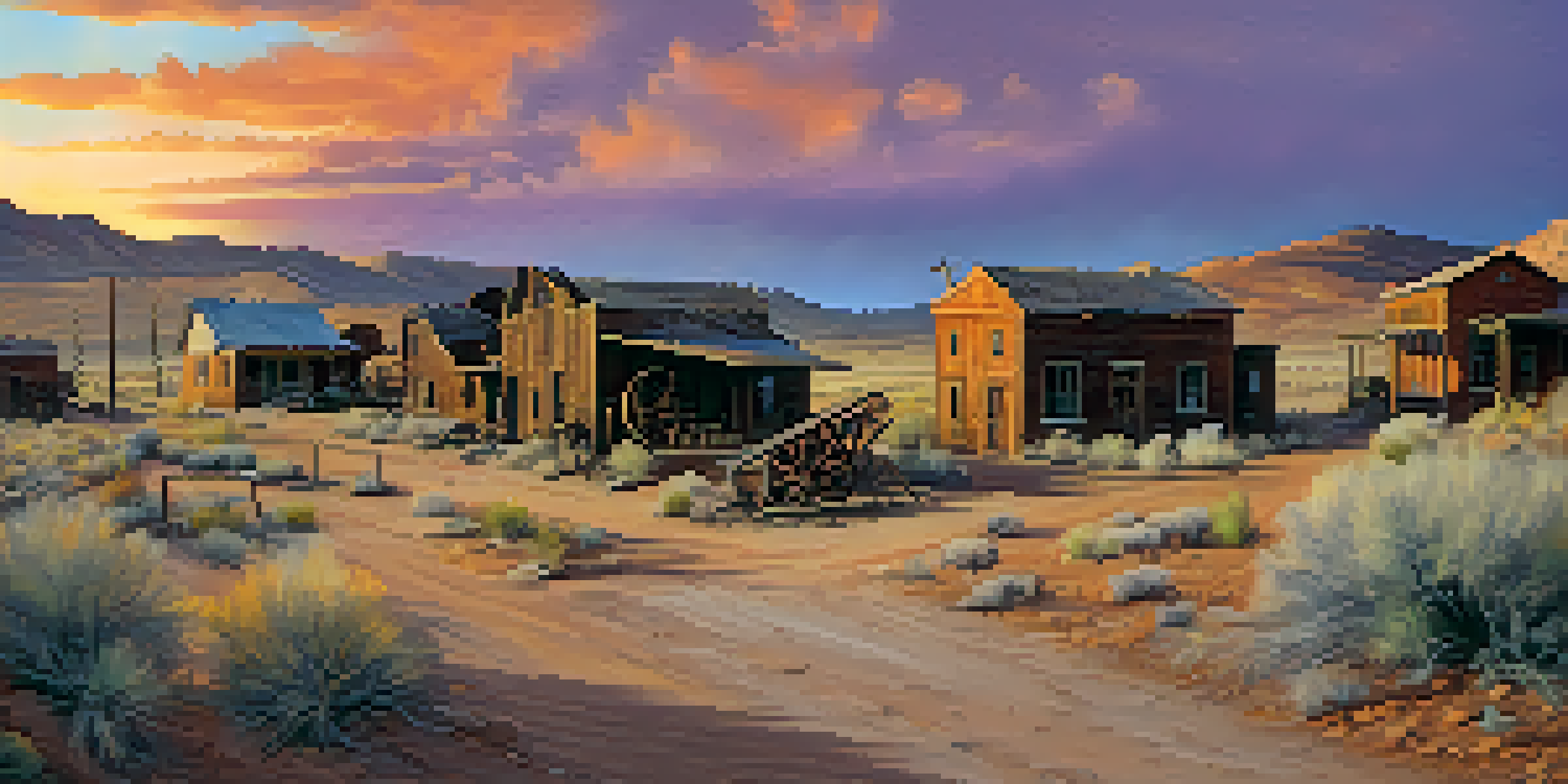 A panoramic view of a historic ghost town in Nevada with crumbling buildings and rusted mining equipment, illuminated by a dramatic sunset.