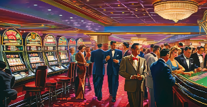 A historical scene of a busy Las Vegas casino floor in the 1950s with elegantly dressed patrons playing games, illuminated by neon lights.