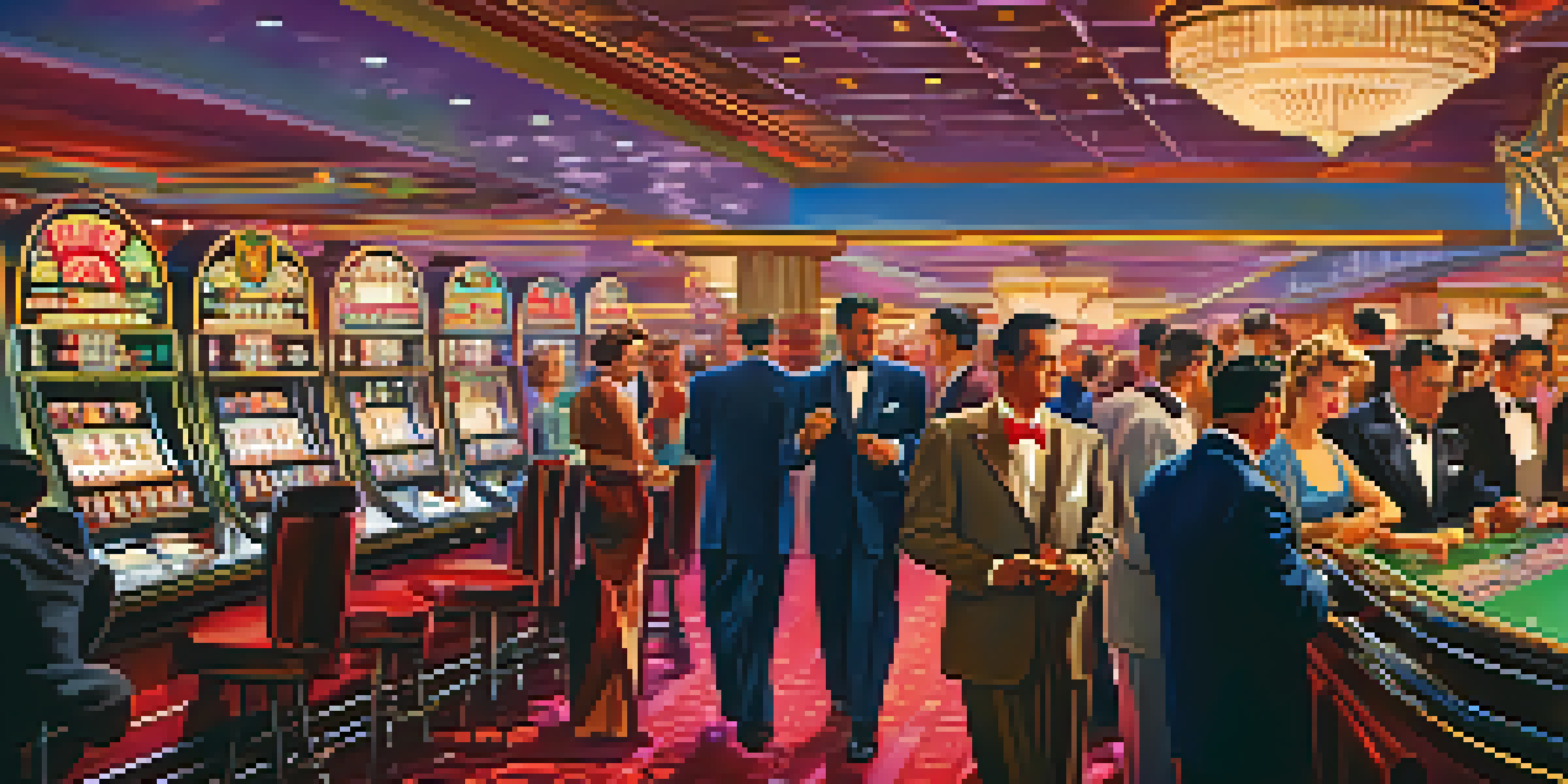 A historical scene of a busy Las Vegas casino floor in the 1950s with elegantly dressed patrons playing games, illuminated by neon lights.