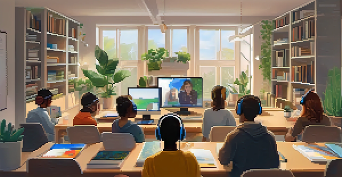 A cozy online learning environment with diverse students focused on a virtual class, surrounded by books and plants.