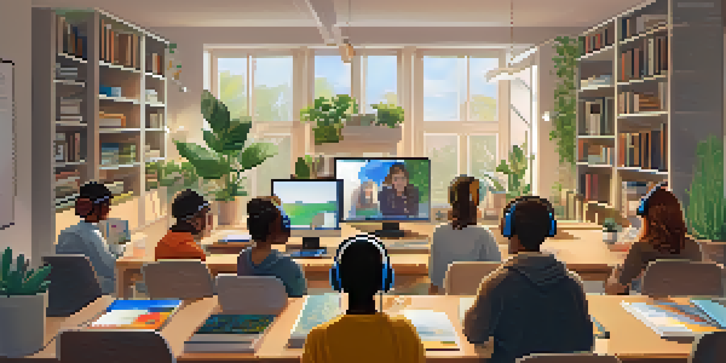 A cozy online learning environment with diverse students focused on a virtual class, surrounded by books and plants.