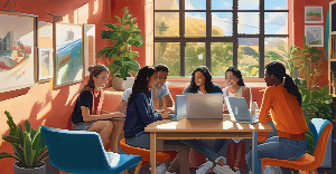 A diverse group of students in a cozy room participating in an online class with laptops, surrounded by colorful educational posters and plants.