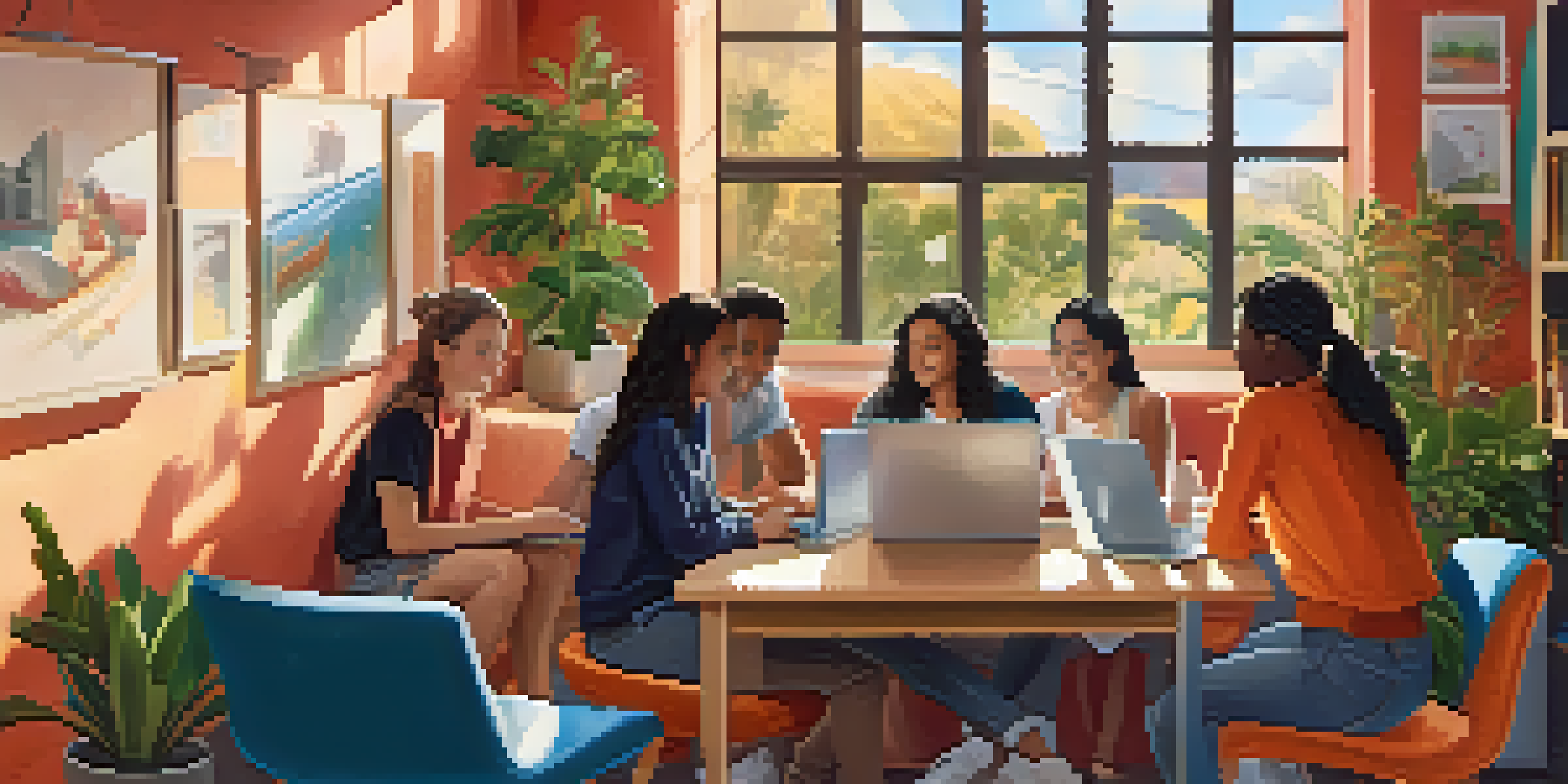 A diverse group of students in a cozy room participating in an online class with laptops, surrounded by colorful educational posters and plants.