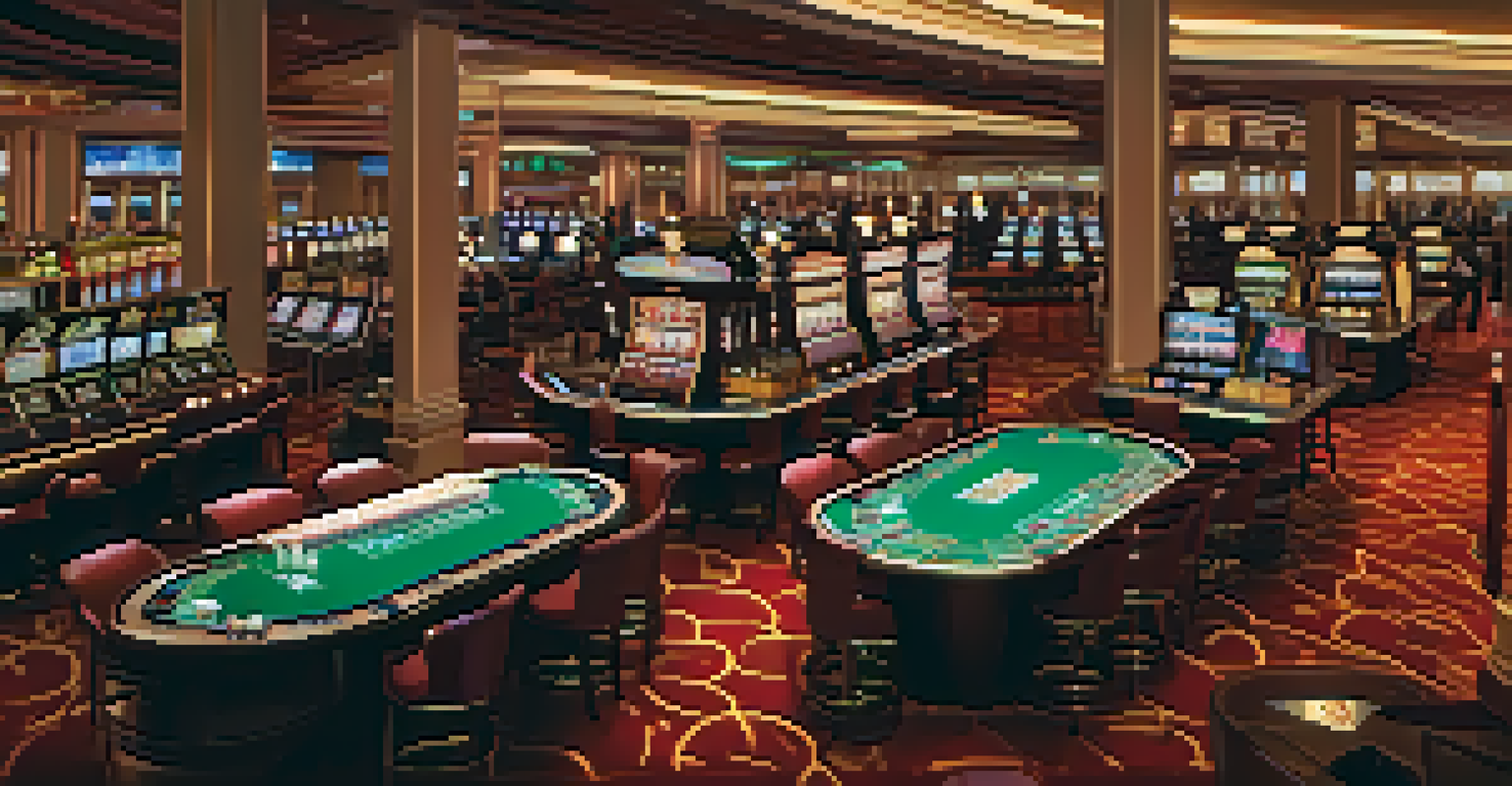 An aerial view of a modern casino interior with patrons playing games under warm lighting.