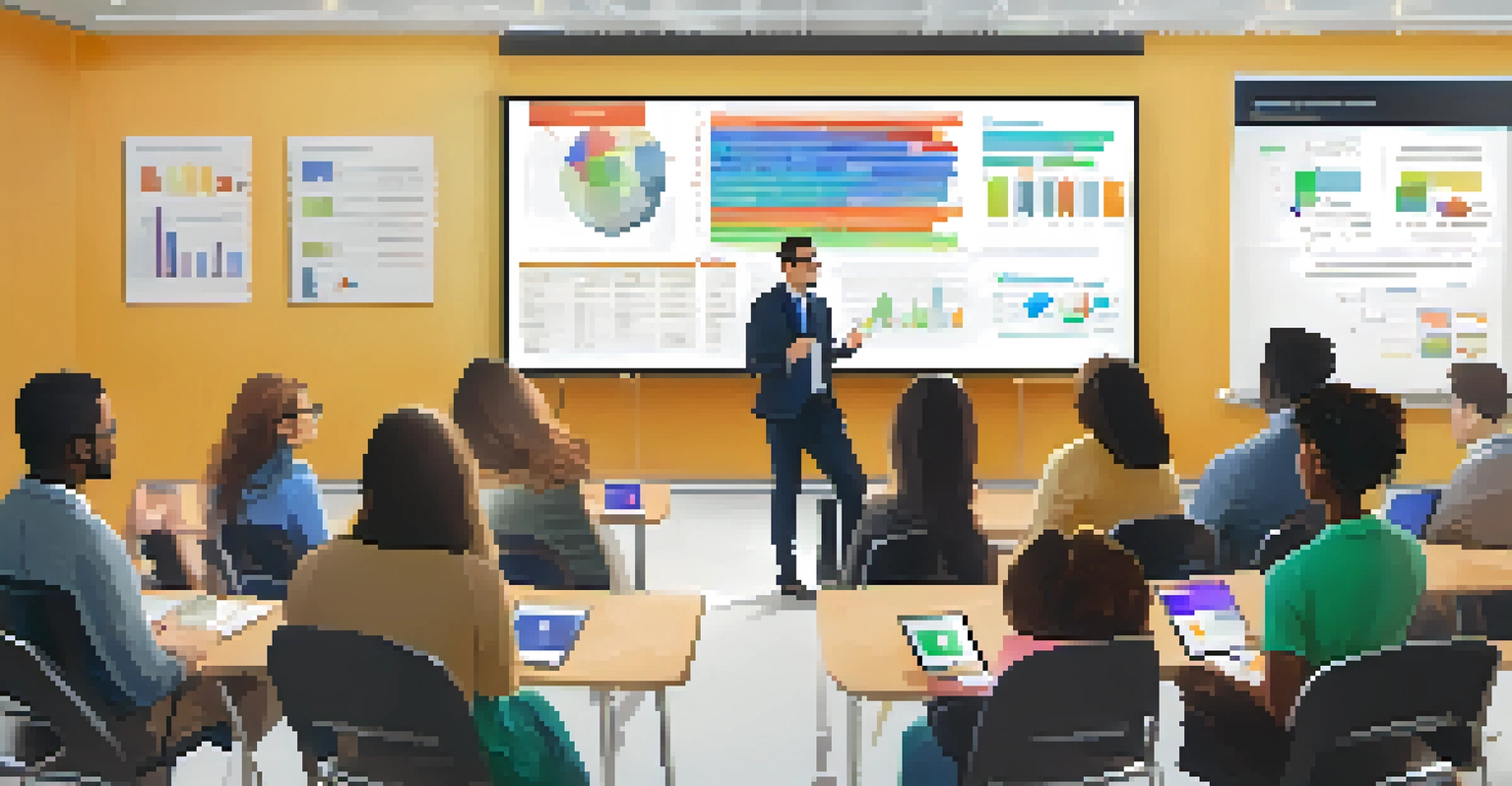 A teacher leading a technology workshop in a modern conference room, with participants using laptops and viewing data analytics on a large screen.