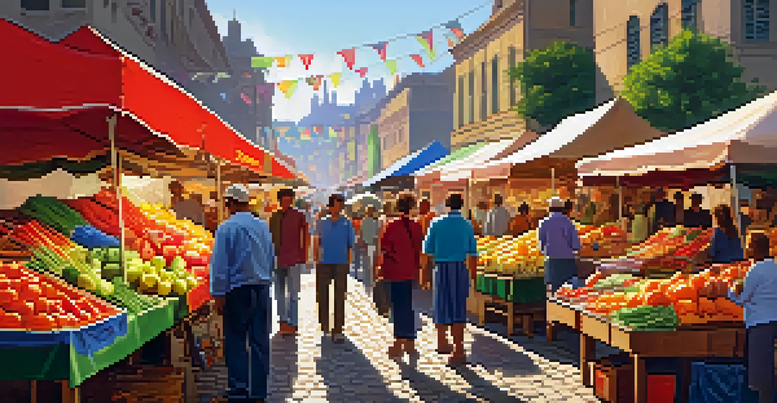 A lively outdoor market with diverse shoppers and colorful stalls.
