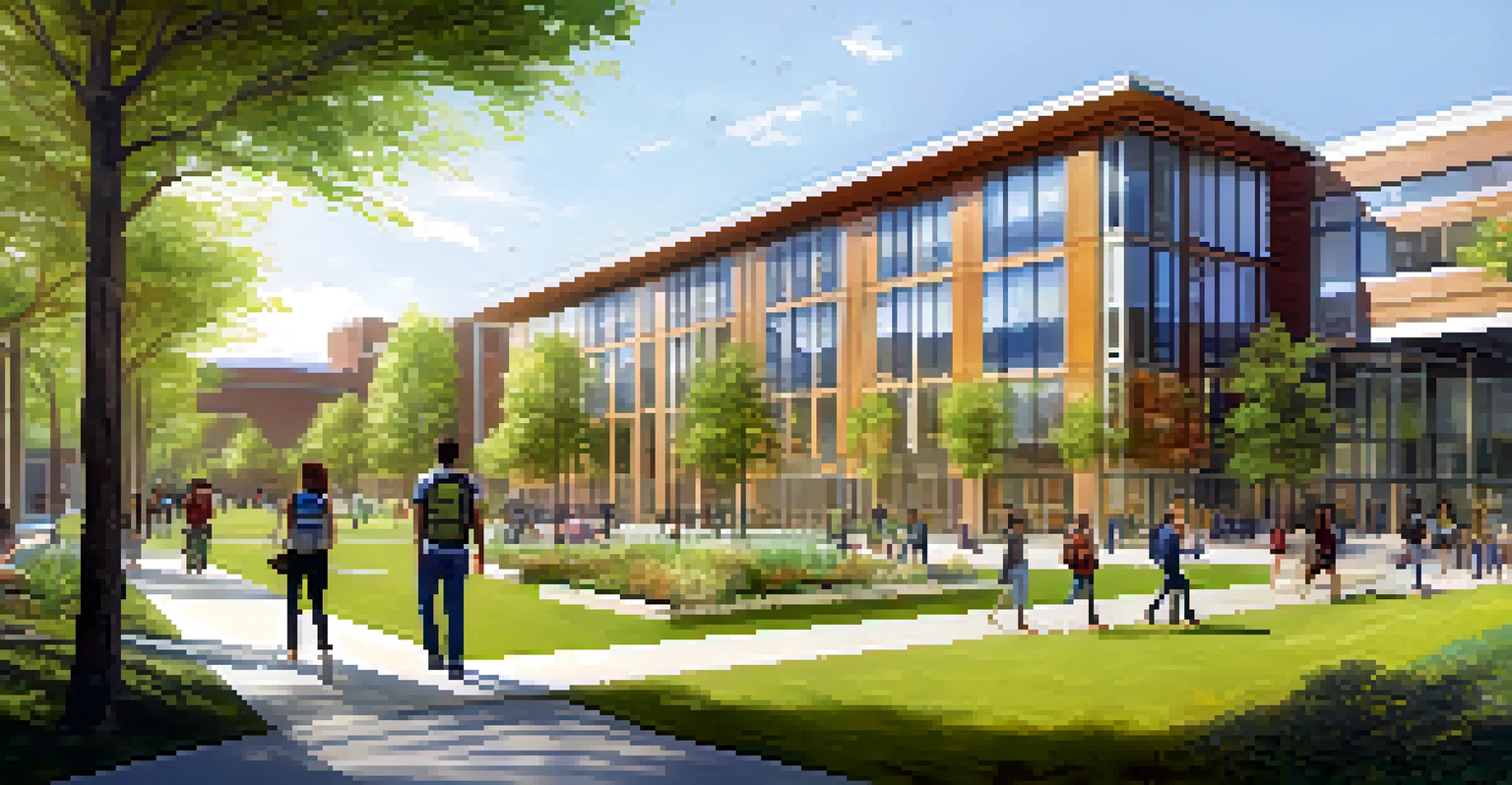 Modern university campus with green buildings, solar panels, and students walking and studying in a vibrant, sunlit environment.